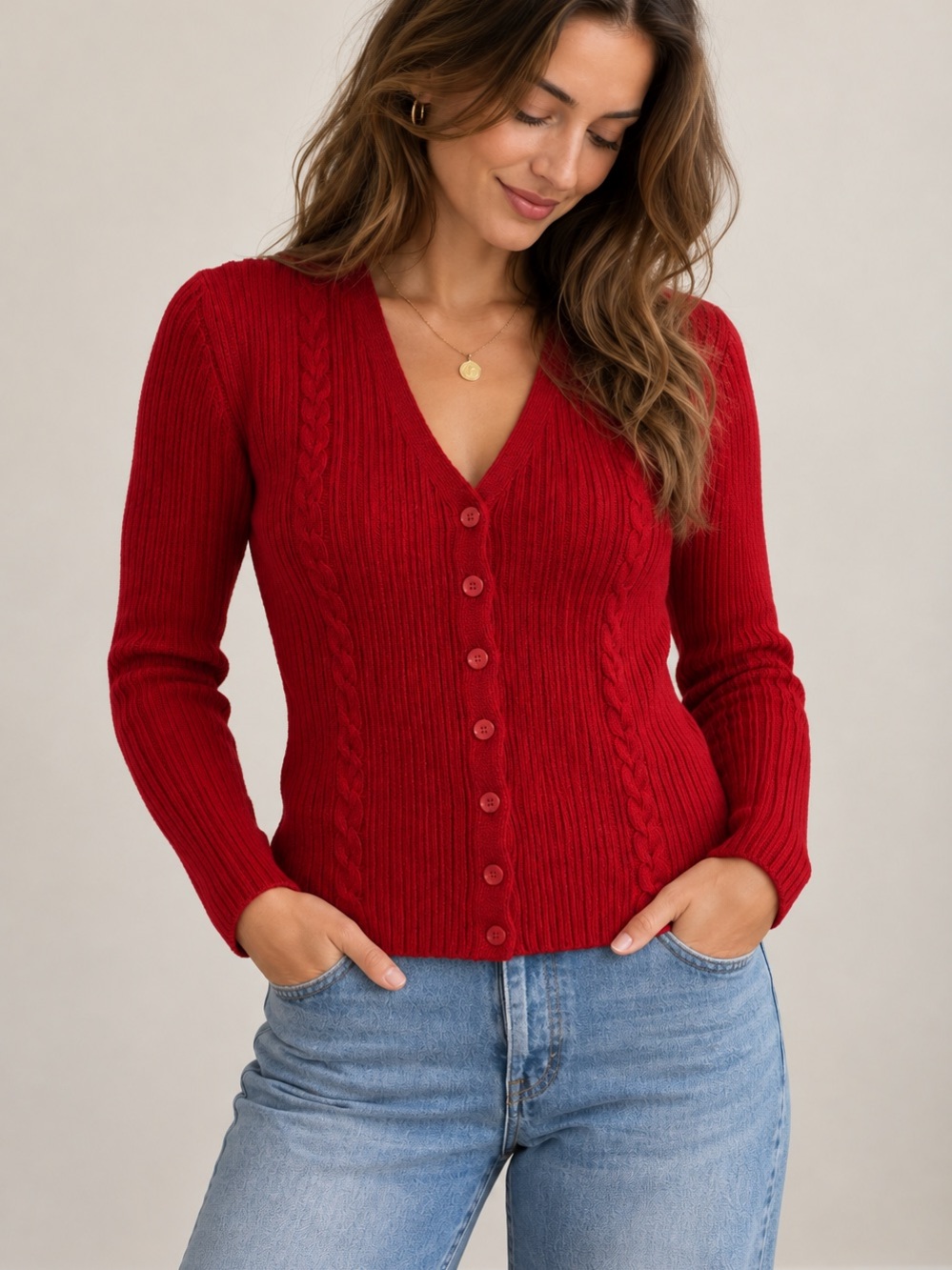 Vintage Victoria Jones Red Wool Blend Cable Knit Cardigan Sweater M 90s